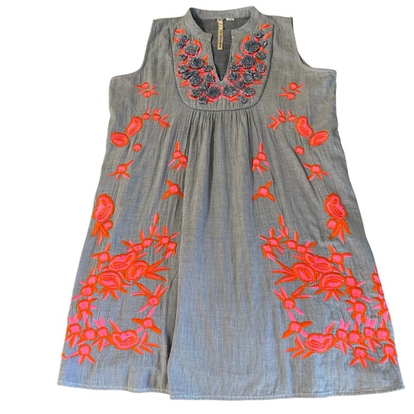 Anthropologie Uncle Frank Large Pin Stripe V Neck Embroidered Sleeveless Dress - Picture 7 of 12